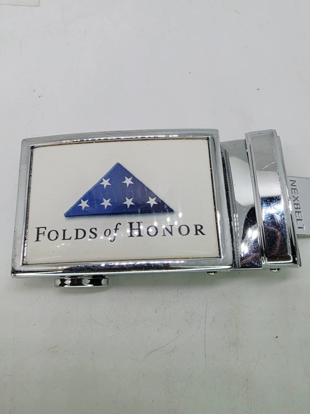 Vintage Stainless Steel Chrome White Enamel Folds Of Honor Ratchet Belt Buckle